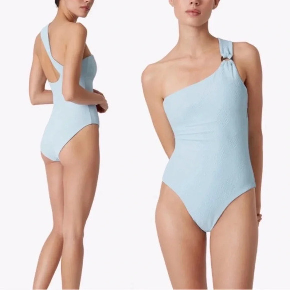 Onia Jenna One Piece Swimsuit One Shoulder Croc Texture Sterling Blue Large - Picture 1 of 11